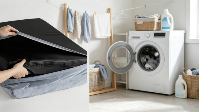 Split image showing hands unzipping the dog bed's removable cover on the left, and a person loading the grey bed into a front-loading washing machine on the right, highlighting easy cleaning.