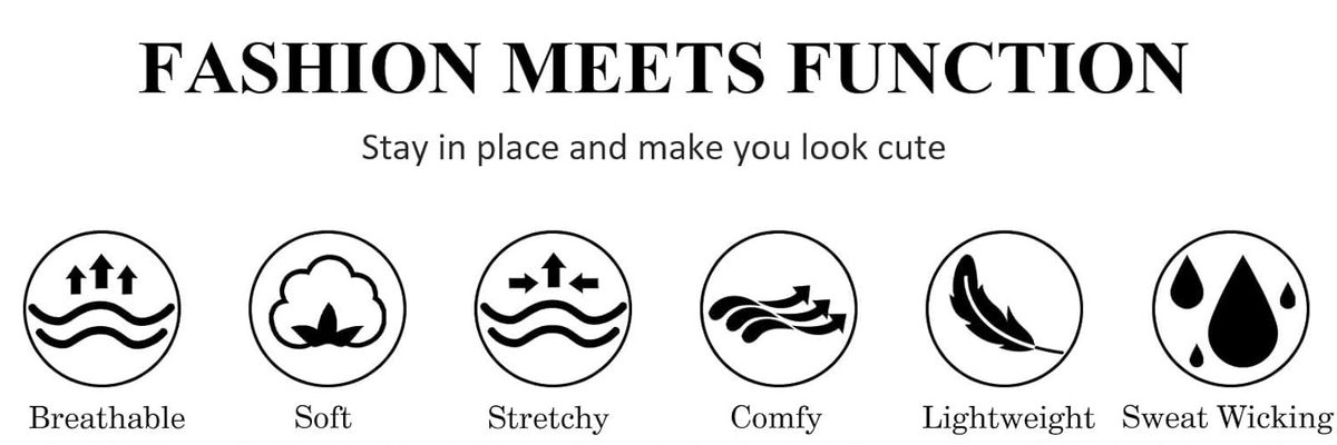 Fashion meets function – product feature list Key benefits of a wearable or accessory item including stay-in-place fit, cute appearance, breathability, softness, stretch, comfort, lightweight feel, and sweat-wicking performance.