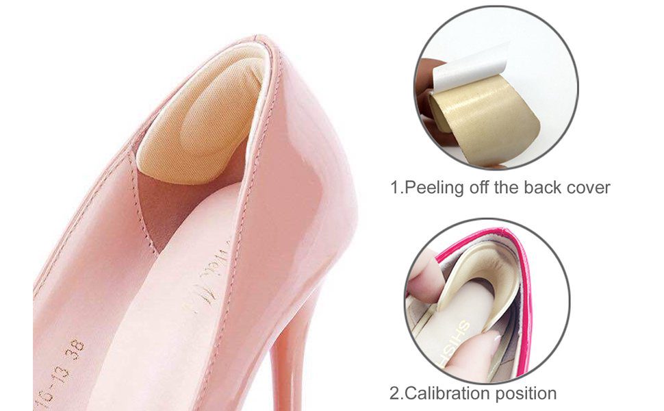 A pink high-heel shoe with a beige heel grip pad inserted. To the right, two circular insets demonstrate how to use the pad: "1. Peeling off the back cover" shows a hand peeling off the backing from the adhesive pad, and "2. Calibration position" shows a hand pressing the pad into the back of a shoe.