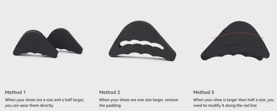 Three black foam toe fillers are displayed on a white background, demonstrating different methods of use. "Method 1: When your shoes are a size and a half larger, you can wear them directly" shows two fillers. "Method 2: When your shoes are one size larger, remove the padding" shows a single filler with a hollowed-out area. "Method 3: When your shoe is larger than half a size, you need to modify it along the red line" shows a filler with a dotted red line indicating a modification point.