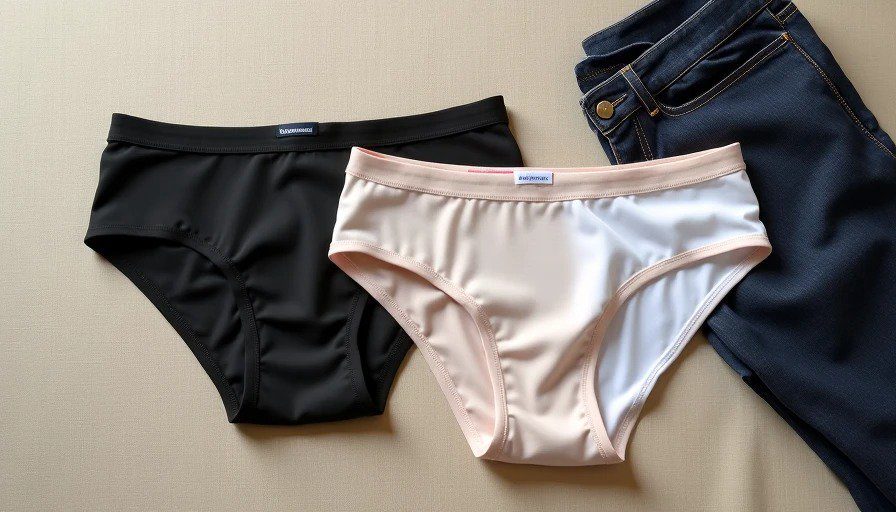 Flat‑lay of three 100% cotton underwear styles – brief, bikini, and high‑cut – with tailored trousers and jeans