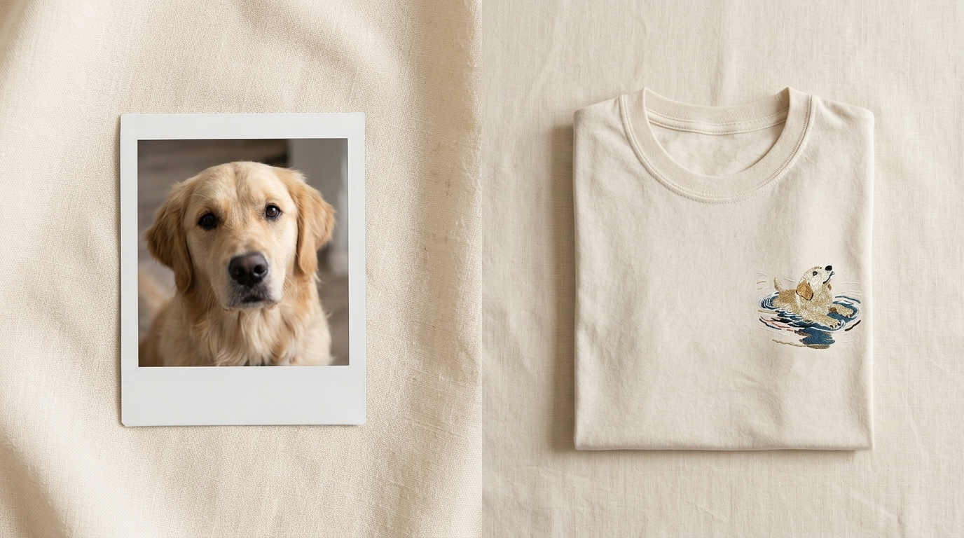 Side-by-side of a dog photo and the embroidered shirt result showing remarkable likeness in detail and character