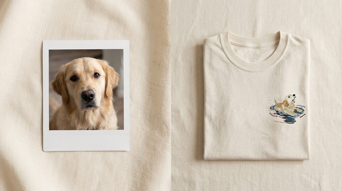 Side-by-side of a dog photo and the embroidered shirt result showing remarkable likeness in detail and character