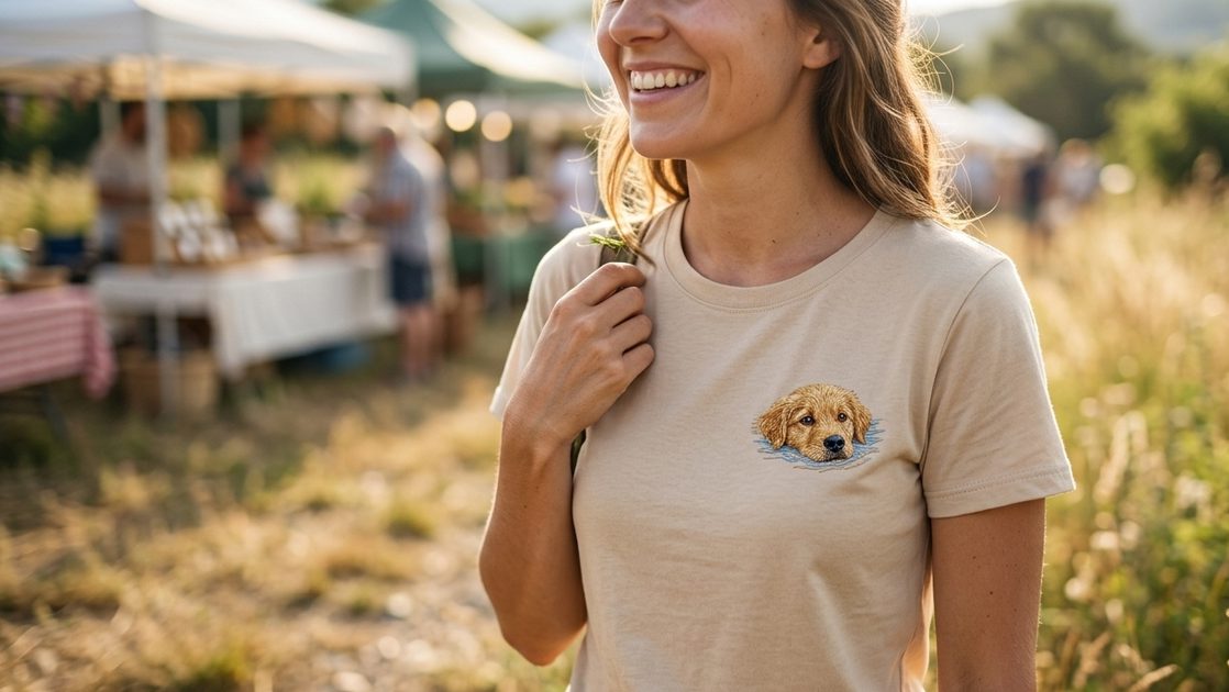 Young woman wearing a custom embroidered pet portrait t-shirt at an outdoor farmers market on a sunny morning