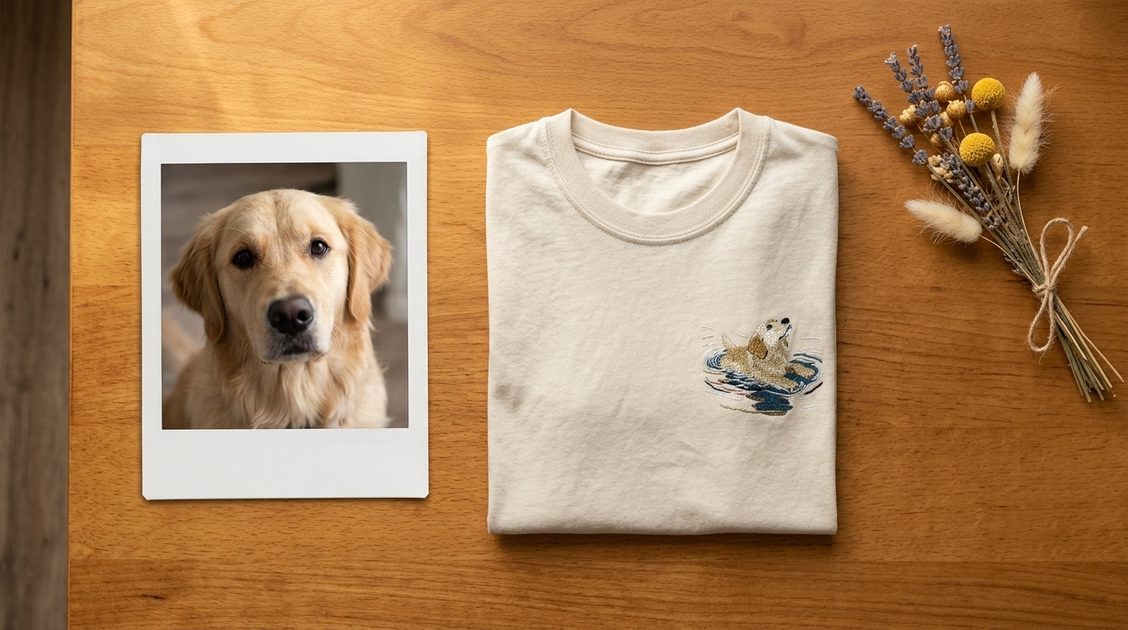 Flat lay of a custom embroidered golden retriever t-shirt next to a polaroid photo of the dog, on a warm wooden surface