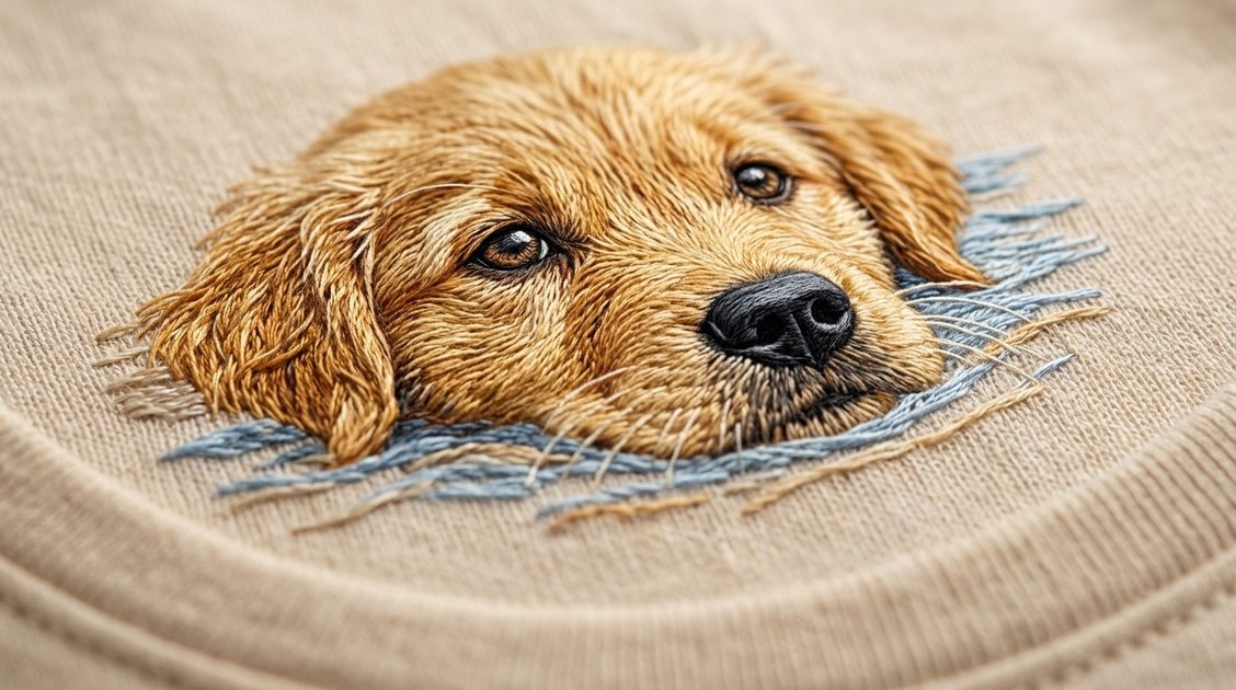 Close-up of embroidered golden retriever portrait on a soft beige t-shirt, showing detailed stitchwork of fur and eyes