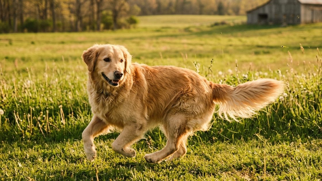 Golden retriever lying in a patch of warm sunlight, looking peacefully at the camera