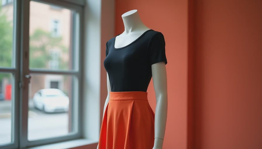 Visual context for black top orange skirt