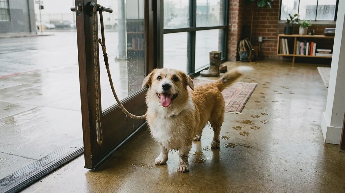 Bubu the corgi mix with muddy paws at the loft door