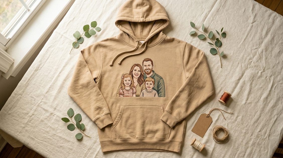 The finished piece: a family portrait rendered in thread on a heavyweight hoodie, ready to be worn every day.